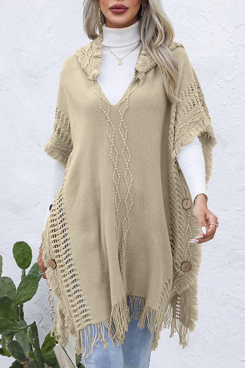 CWOSWL6438_V-NECK FRINGED HOODED MID-LENGTH CAPE KNITTED TOP