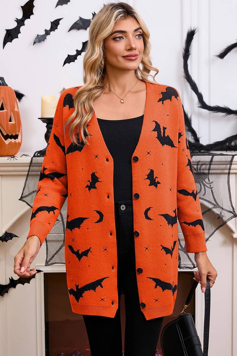 CWOCAL00697_HALLOWEEN BAT JACQUARD LONG SLEEVE CAPE CARDIGAN