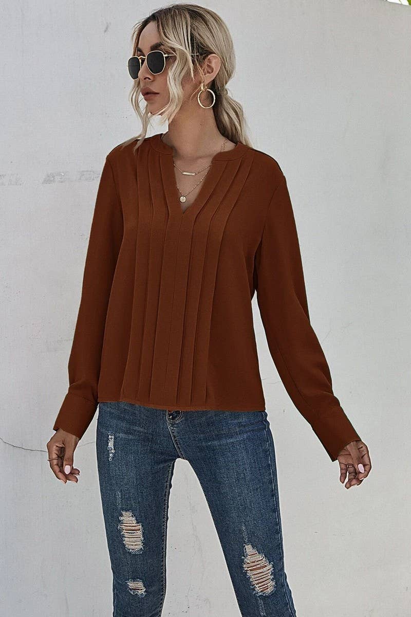 V NECK LONG SLEEVED PLEATED PULLOVER SHIRT_CWTSTL0695