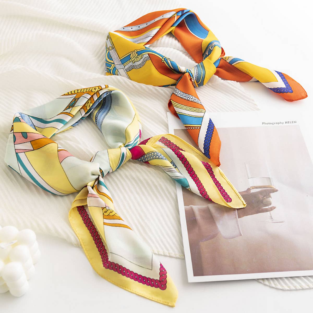 Geometric Floral Satin Square Scarf for Women