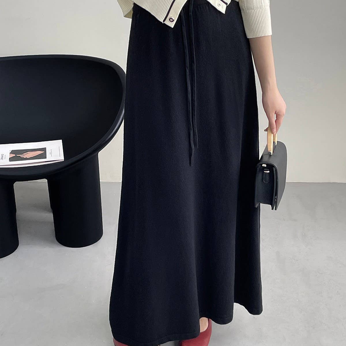 Solid color all-in-one drawstring knit A-line skirt