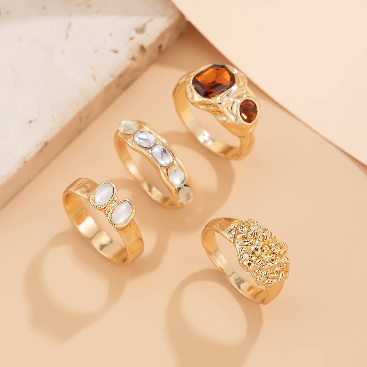 TRENDY RETRO GEOMETRIC HOLLOW DIAMOND RING SET