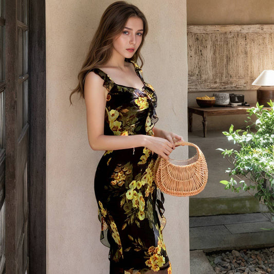 Tea break French printed ruffled halter dress