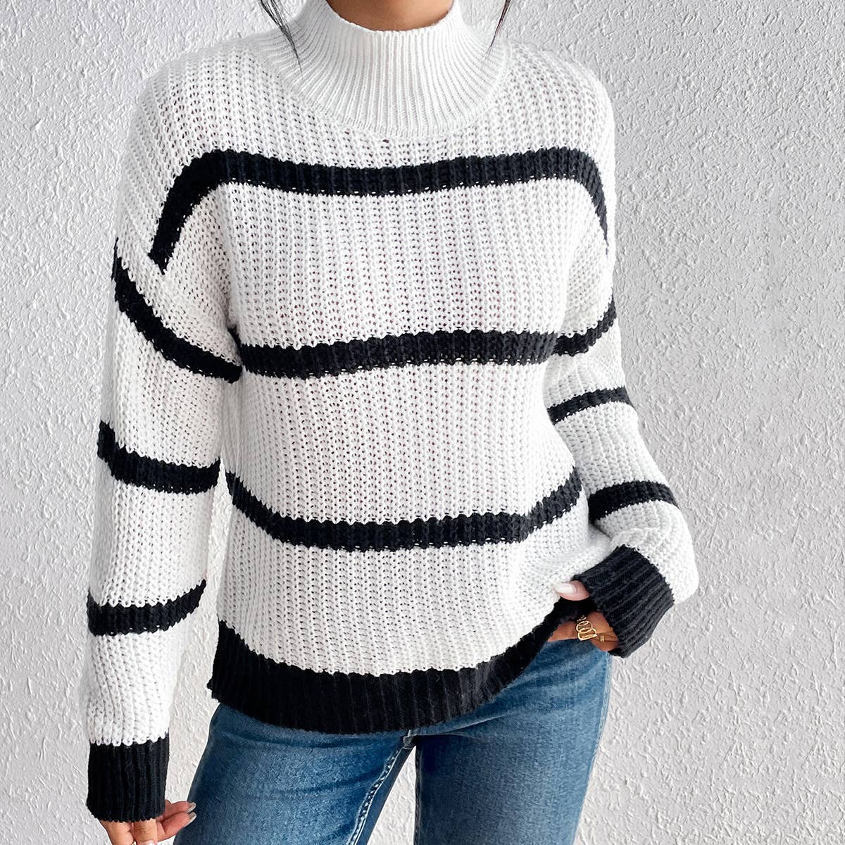 CWOSWL1164_Turtle Neck Long Sleeve Pullover Striped Sweater