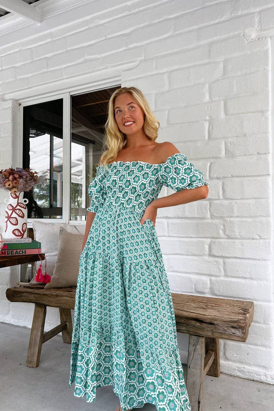 CWDMD5185_FLORAL PUFF SLEEVE OFF-SHOULDER FLARED DRESS