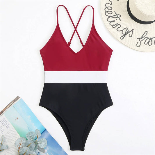 SEXY COLOR-BLOCK QUICK-DRYING ONE-PIECE SWIMSUIT