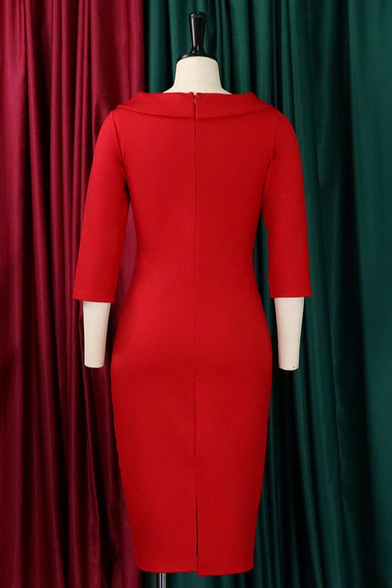 CWDSD3595_PLUS SIZE V-NECK WAIST MIDI DRESS