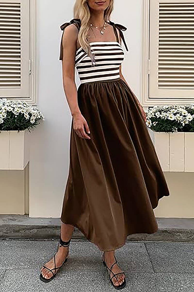 CWDMD5701_SLEEVELESS TIE POCKET STRIPED BEACH DRESS