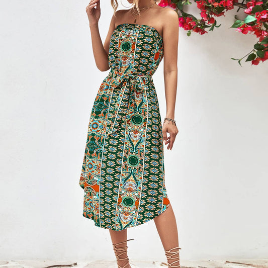 Ethnic print top top lace-up long hip wrap dress