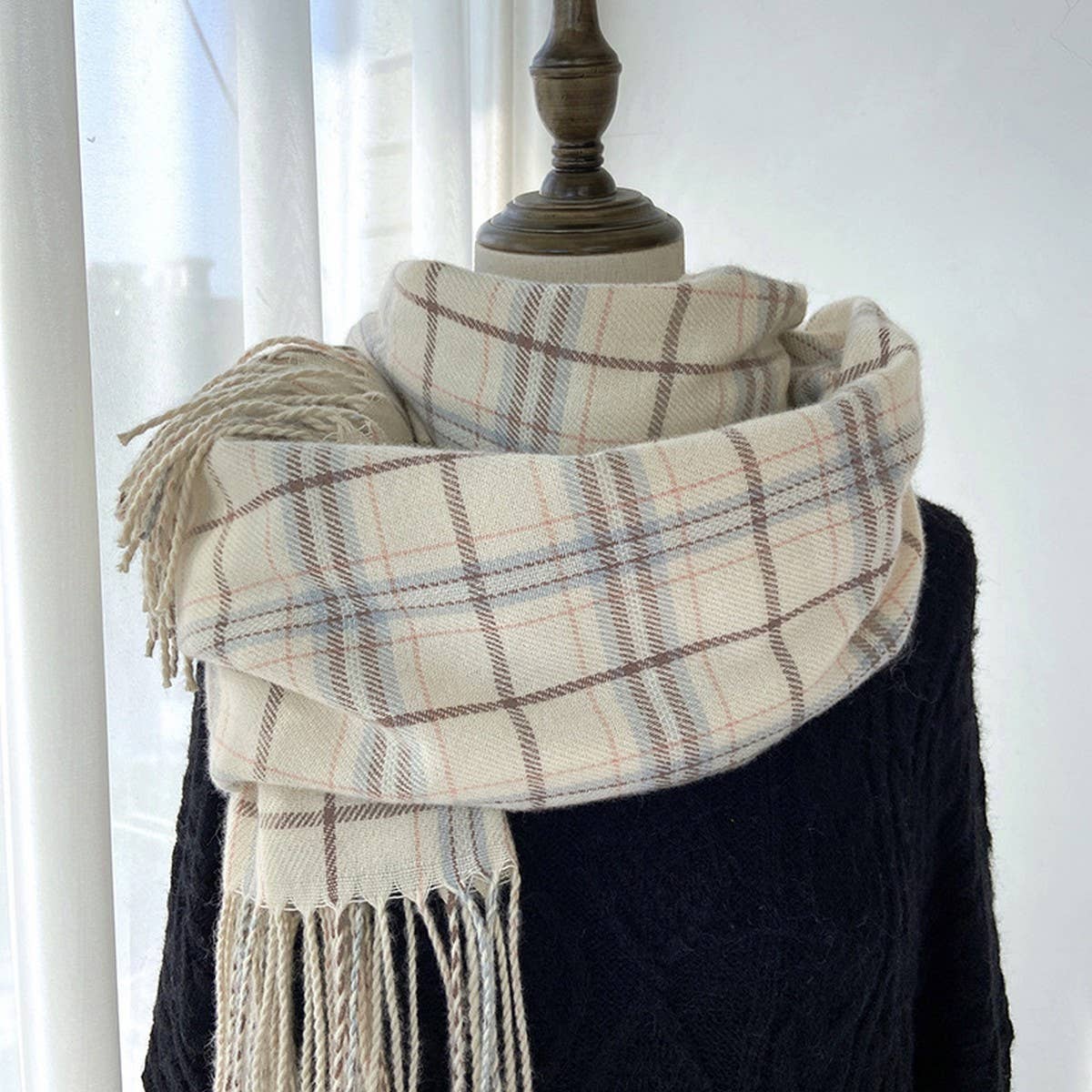 Plaid Faux Cashmere Scarf-Cozy Fringe Winter Wrap_CWASC1459