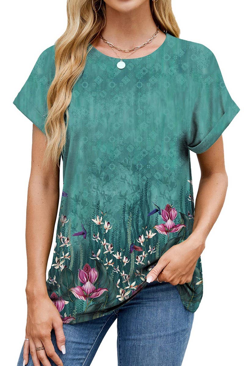 Cwtbls1742_Printed Crew Neck Loose Short Sleeve T-Shirt Top