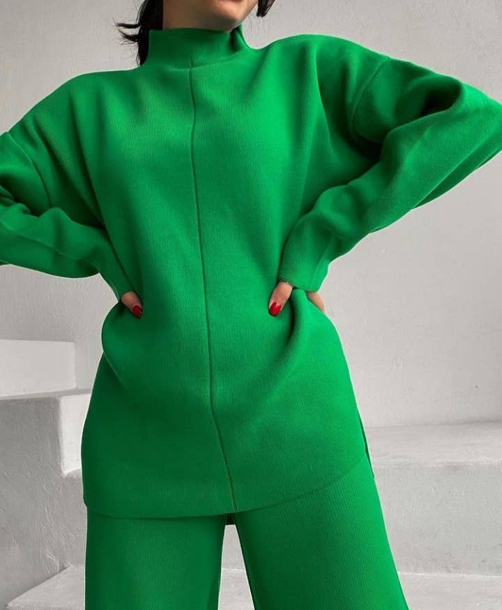 LONG SLEEVE LOOSE SWEATER KNIT TOP PANT SUIT