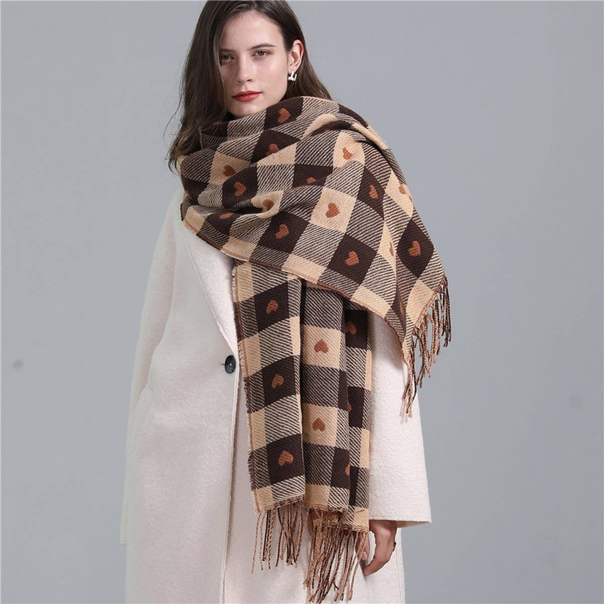 Plaid Scarf - Heart Colorblock Tassel Winter Shawl_CWASC0980