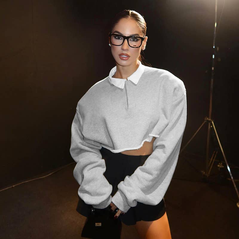 SOLID COLOR POLO NECK SEXY CROP SHORT HOODIE