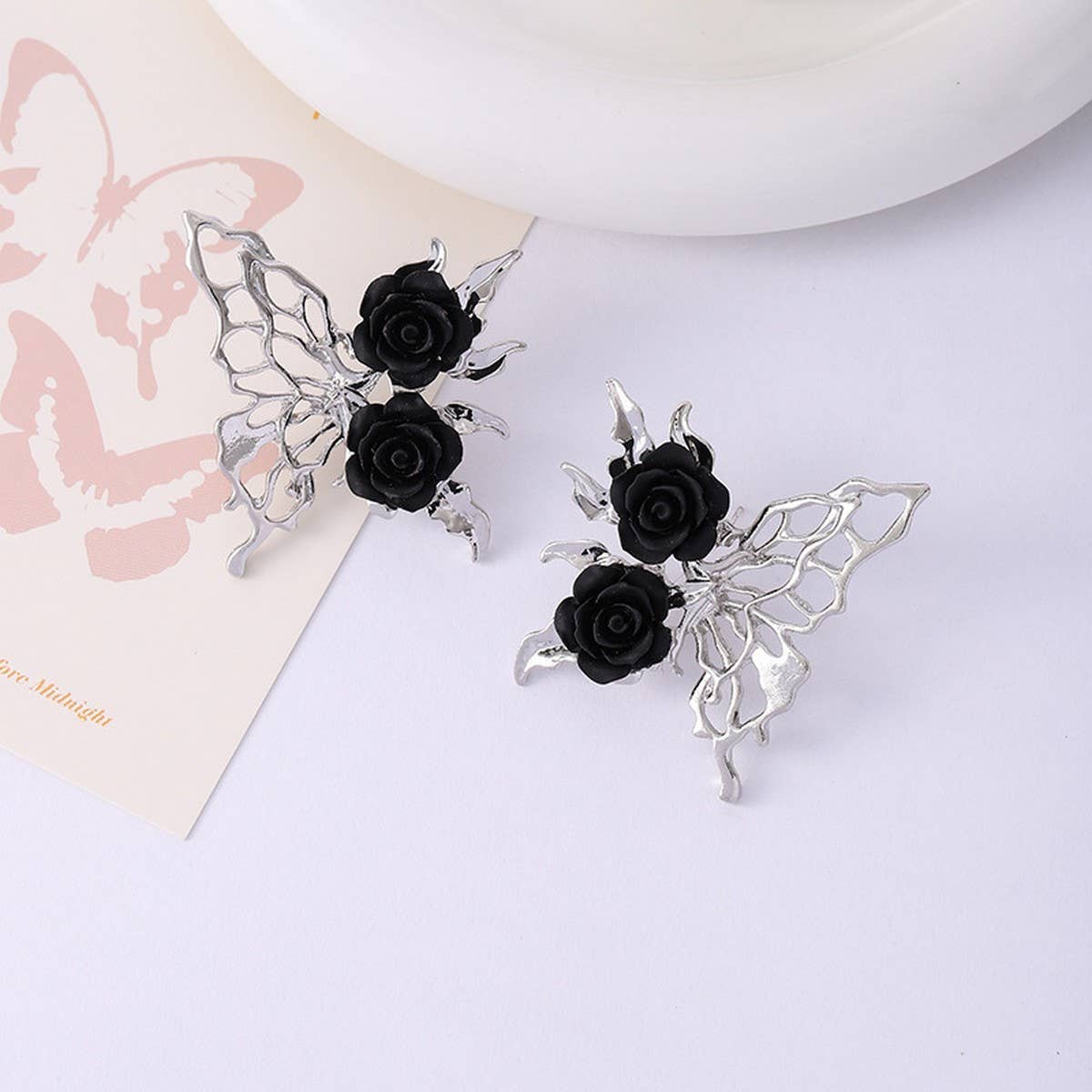 SILVER NEEDLE BLACK ROSE BUTTERFLY EARRINGS