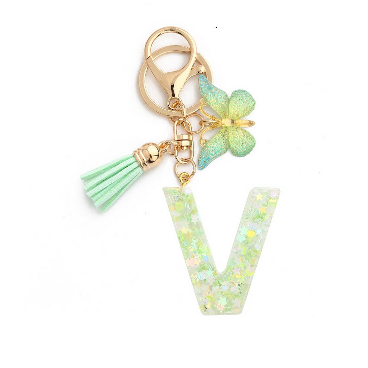 Green Butterfly Resin Letter Keychain with Glitter_CWAB5079