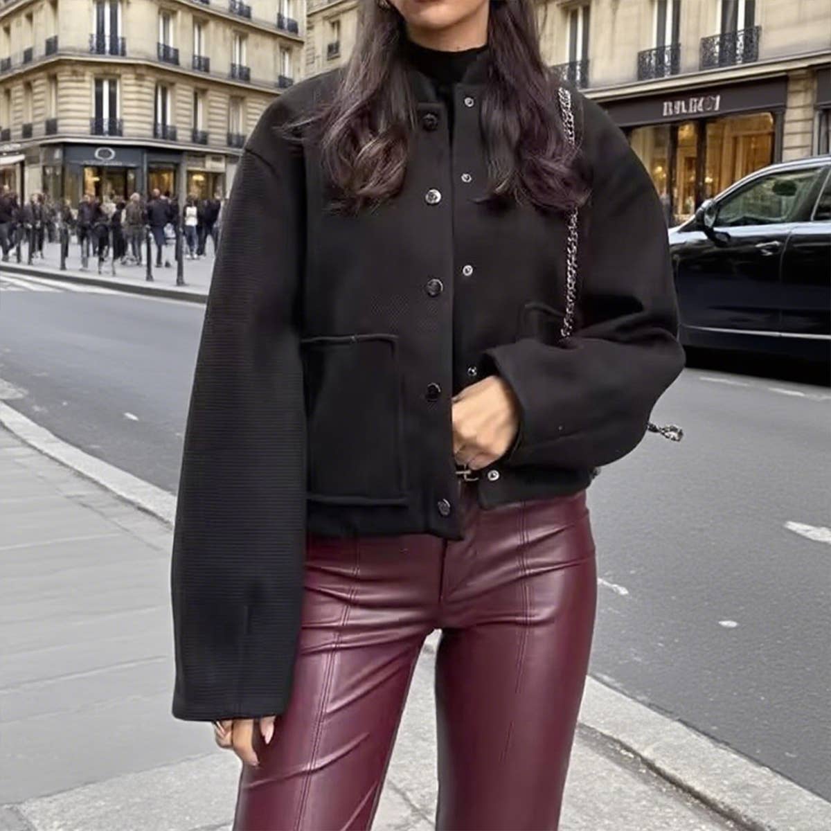 Stand-up collar,button-down pocket short jacket