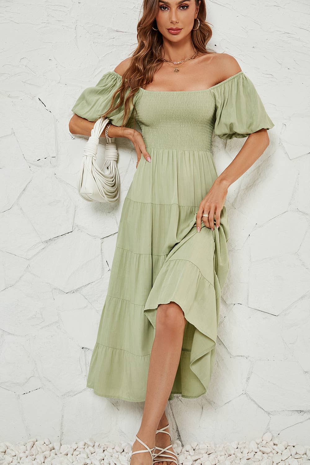 Solid-color high-waisted cinched waist dress