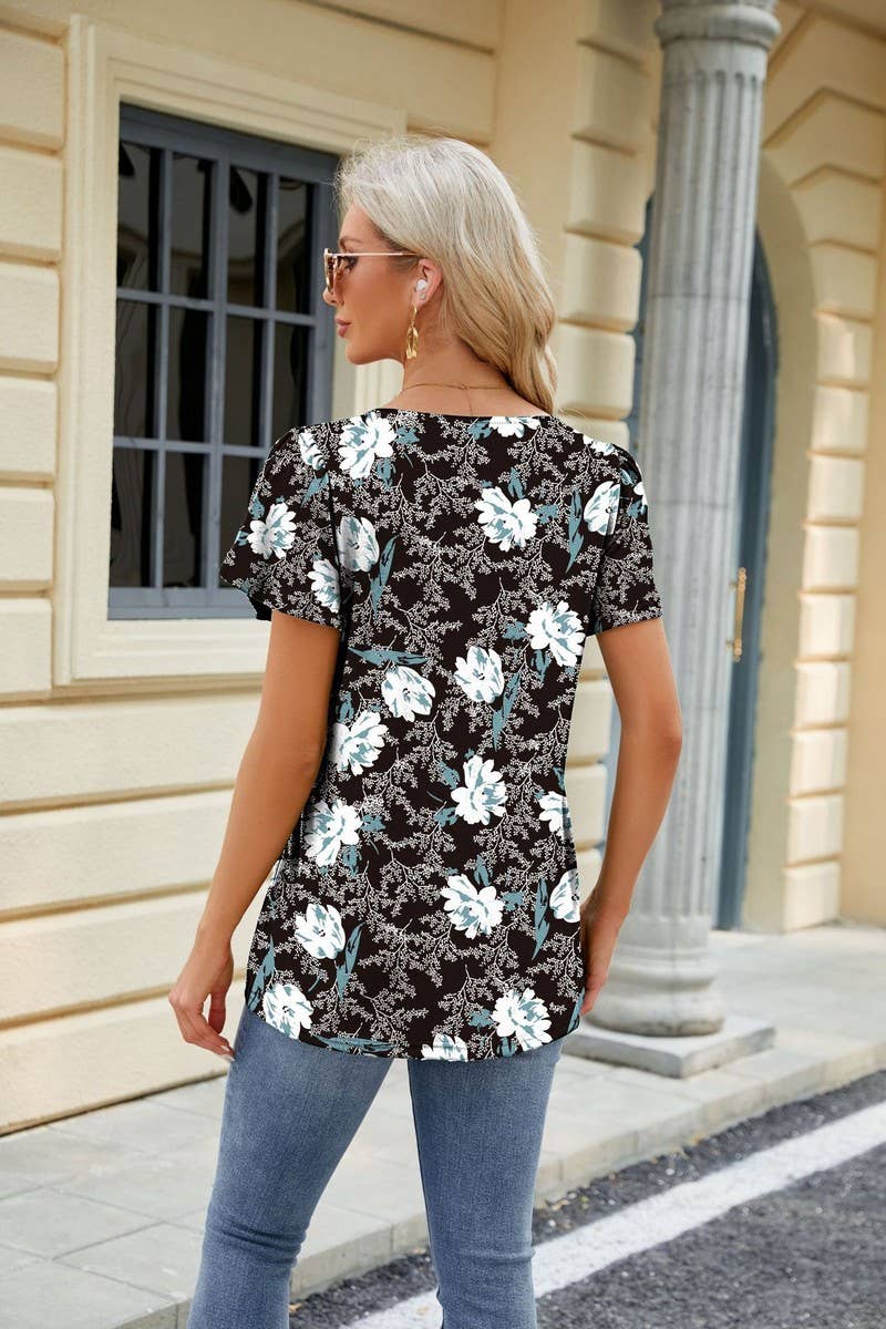 STYLISH SQUARE COLLAR PETAL SLEEVE PRINTED SHIRT_CWTSTS0344