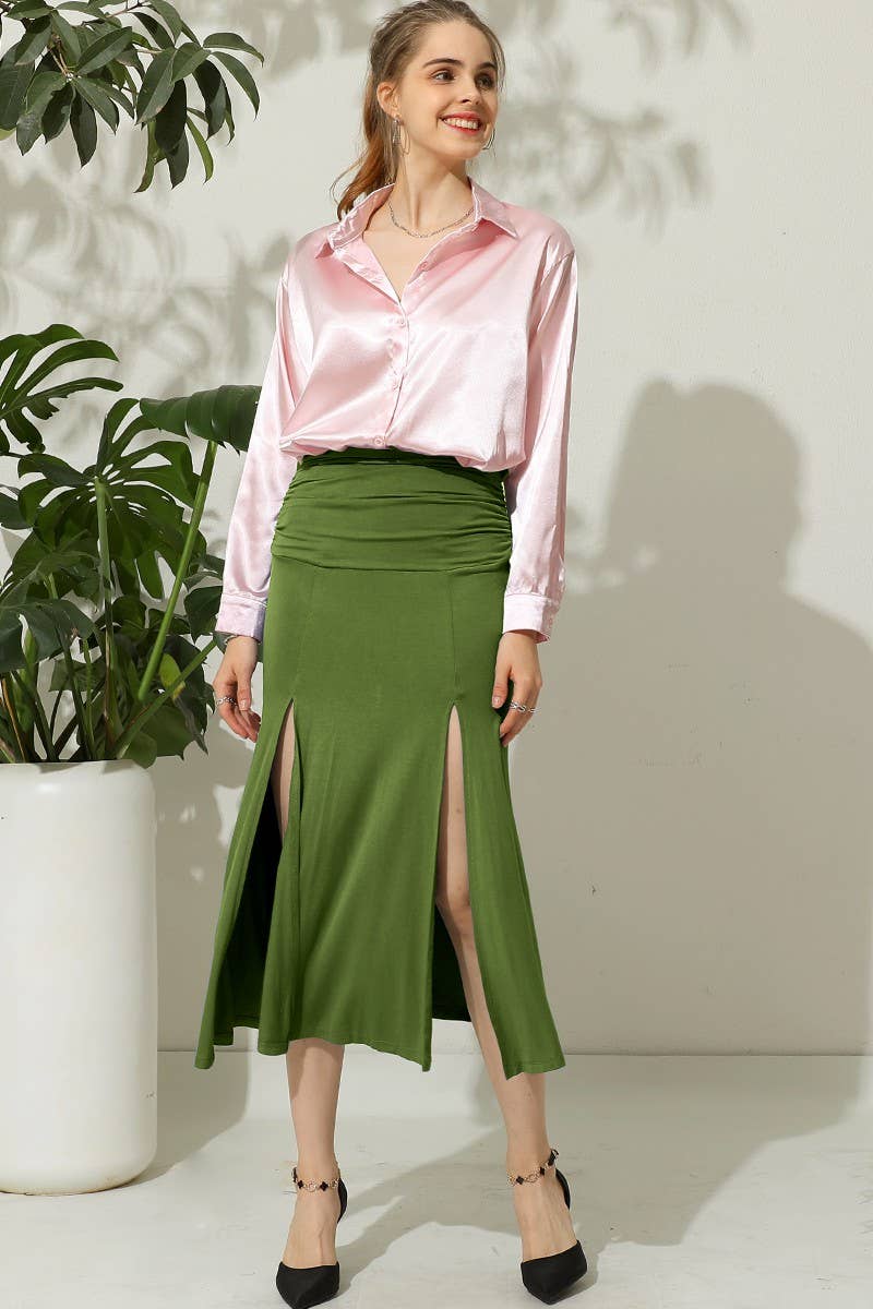 CWBLS120_HIGH WAIST SHIRRED FLOUNCE MAXI SKIRTS WITH SLIT