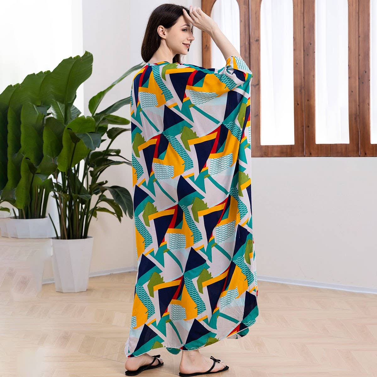 Cotton Print Geometric Beach Cover-Up Dress