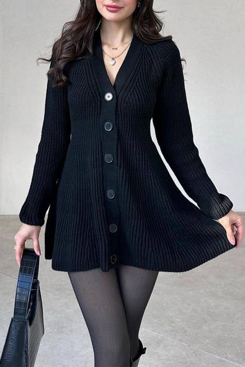 CWDSD10835_V-NECK SOLID LONG SLEEVE SWEATER DRESS