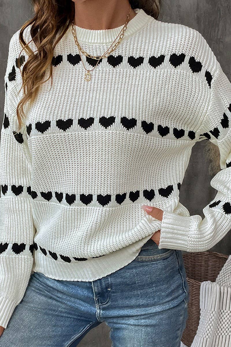 CWOSWL07116_CASUAL PULLOVER LONG SLEEVE HEART KNIT SWEATER