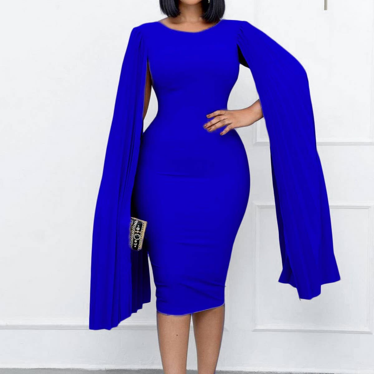 PLEATED ROUND NECK ELEGANT HIP-HUGGING TIGHT DRESS_CWDMD3701