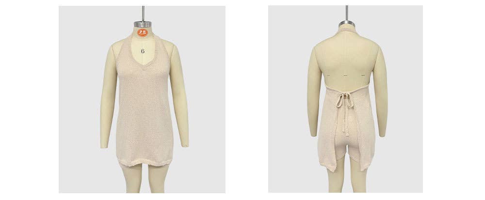 Knit Halter Backless Tie Two Piece Shorts Set