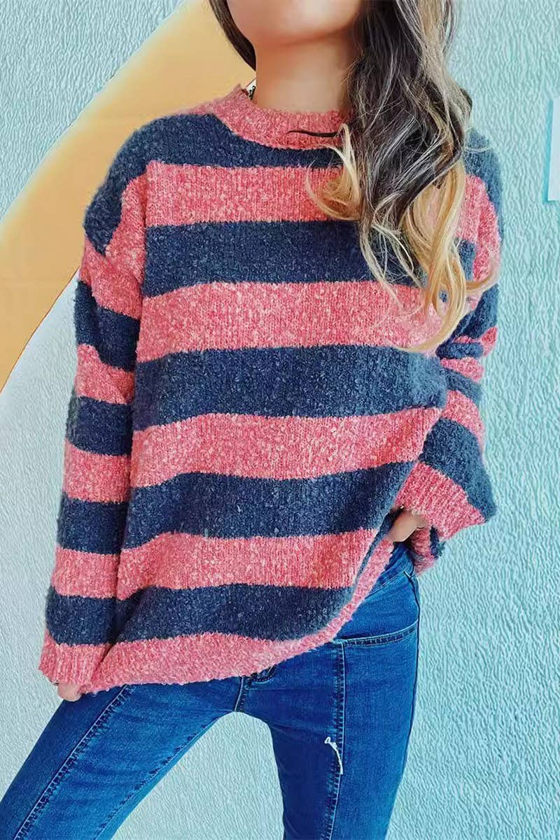 Knitted striped color patchwork pullover sweater