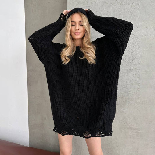 Round collar hem hole loose sweaters