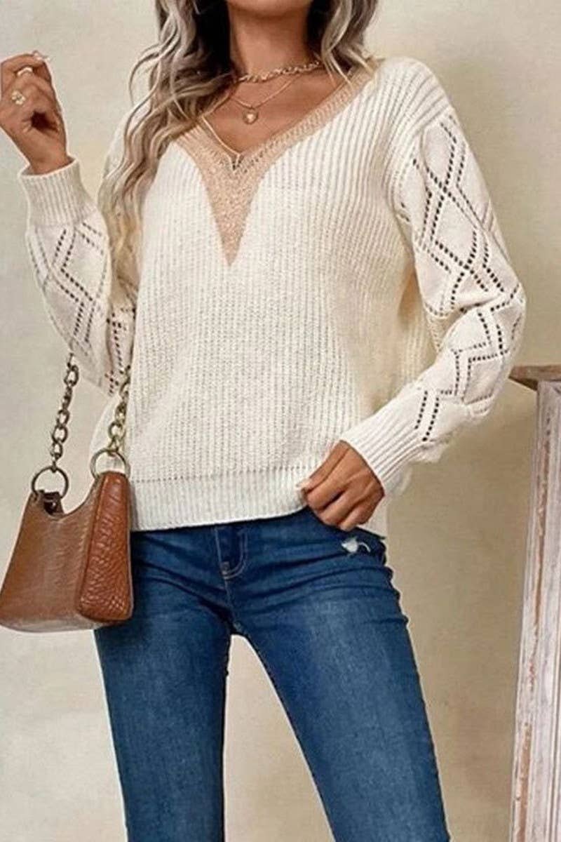 CWOSWL07367_V NECK LACE TRIM LOOSE PULLOVER KNIT SWEATER