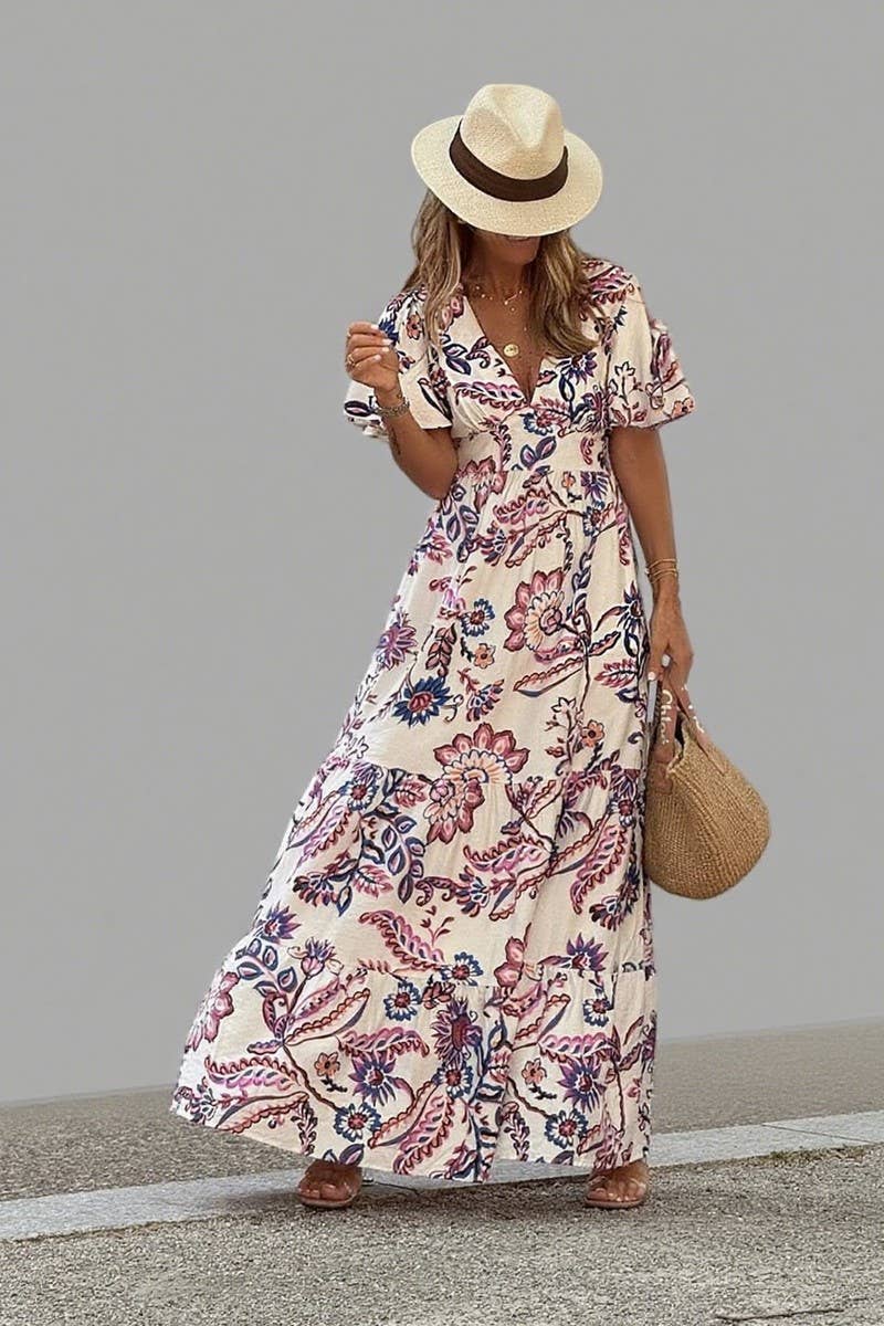 CWDMD6482_FLORAL V-NECK RUFFLE SLEEVE BELTED DRESS