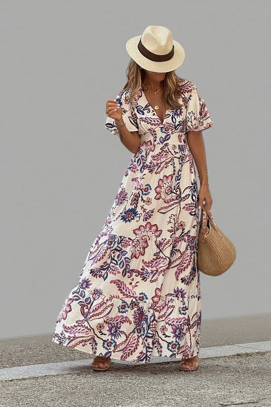 CWDMD6482_FLORAL V-NECK RUFFLE SLEEVE BELTED DRESS