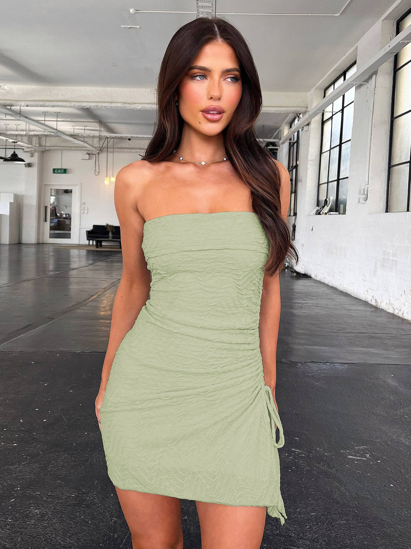 Pleated, drawstring, slit, irregular hem dress