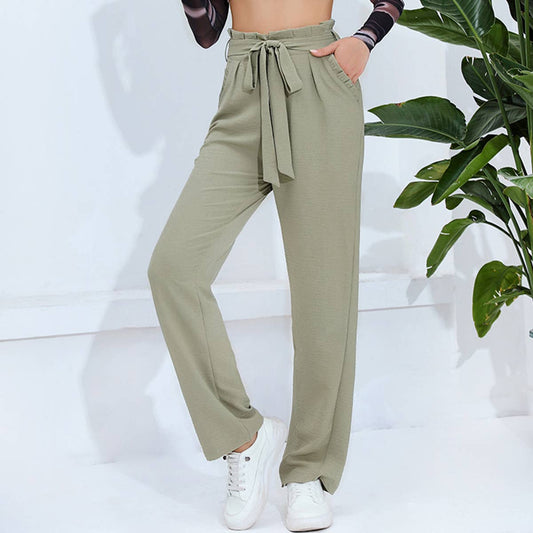 Lace-up solid color high-waisted casual pants