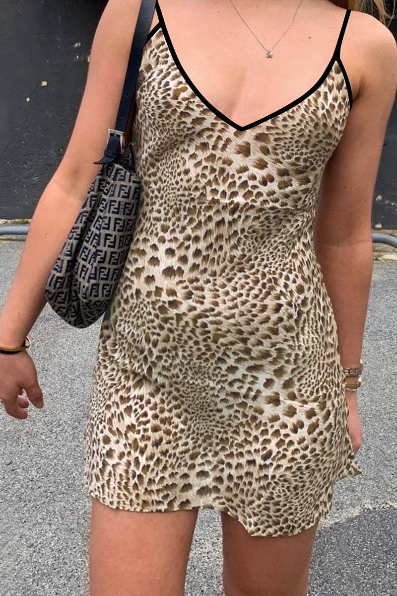 CWDSD6999_V-NECK SEXY SUSPENDER LEOPARD PRINT DRESS