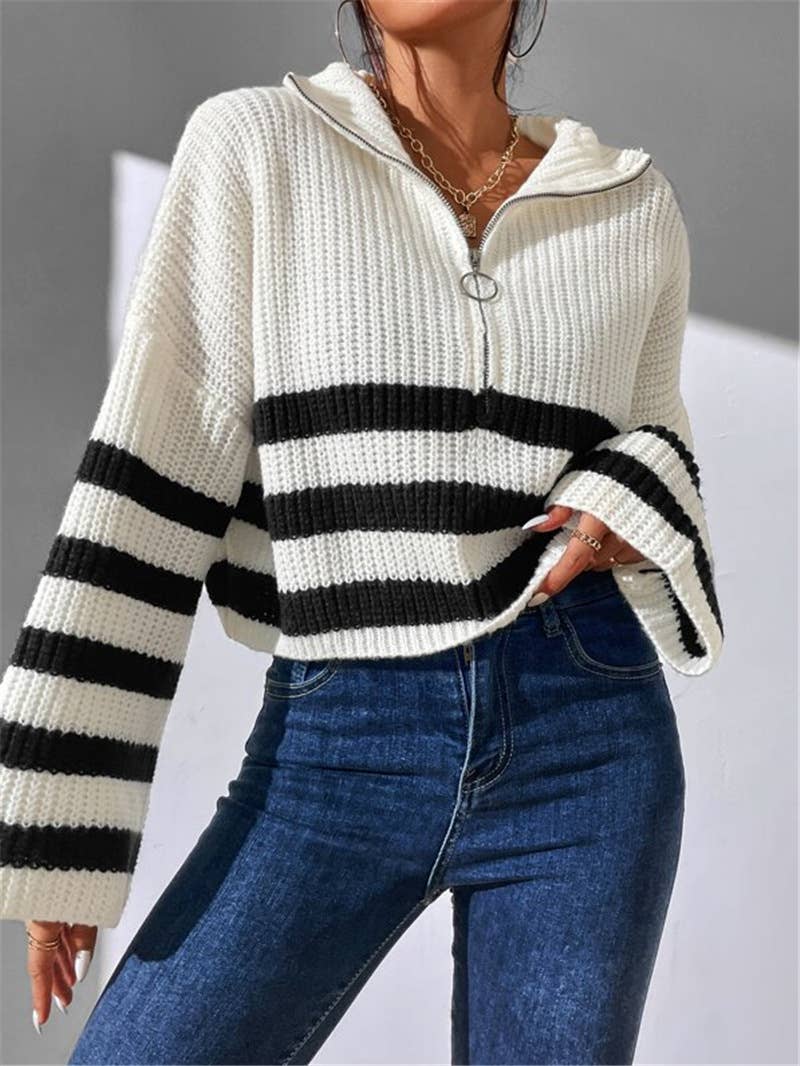 Striped color-blocking stand-up knitted sweater