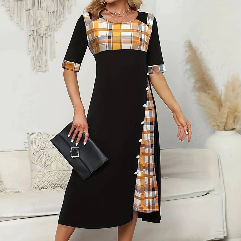 ROUND NECK COLOR CONTRAST IRREGULAR LONG DRESS