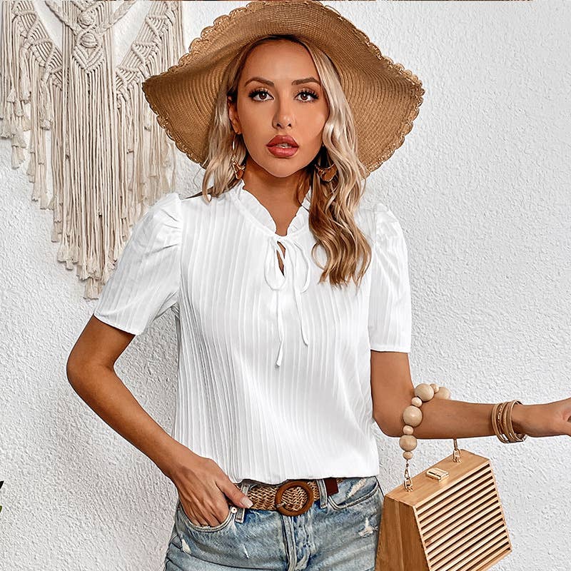 TEMPERAMENT CHIFFON V-NECK LACE-UP LOOSE T-SHIRT