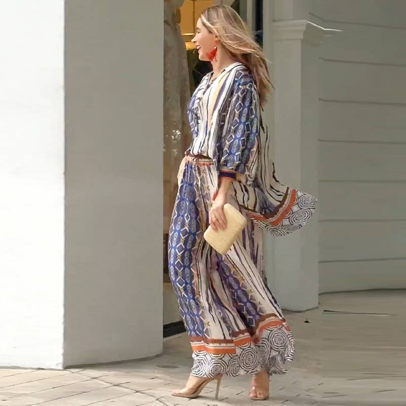 PRINTED LAPEL LONG SLEEVE STRAIGHT PANTS SUIT
