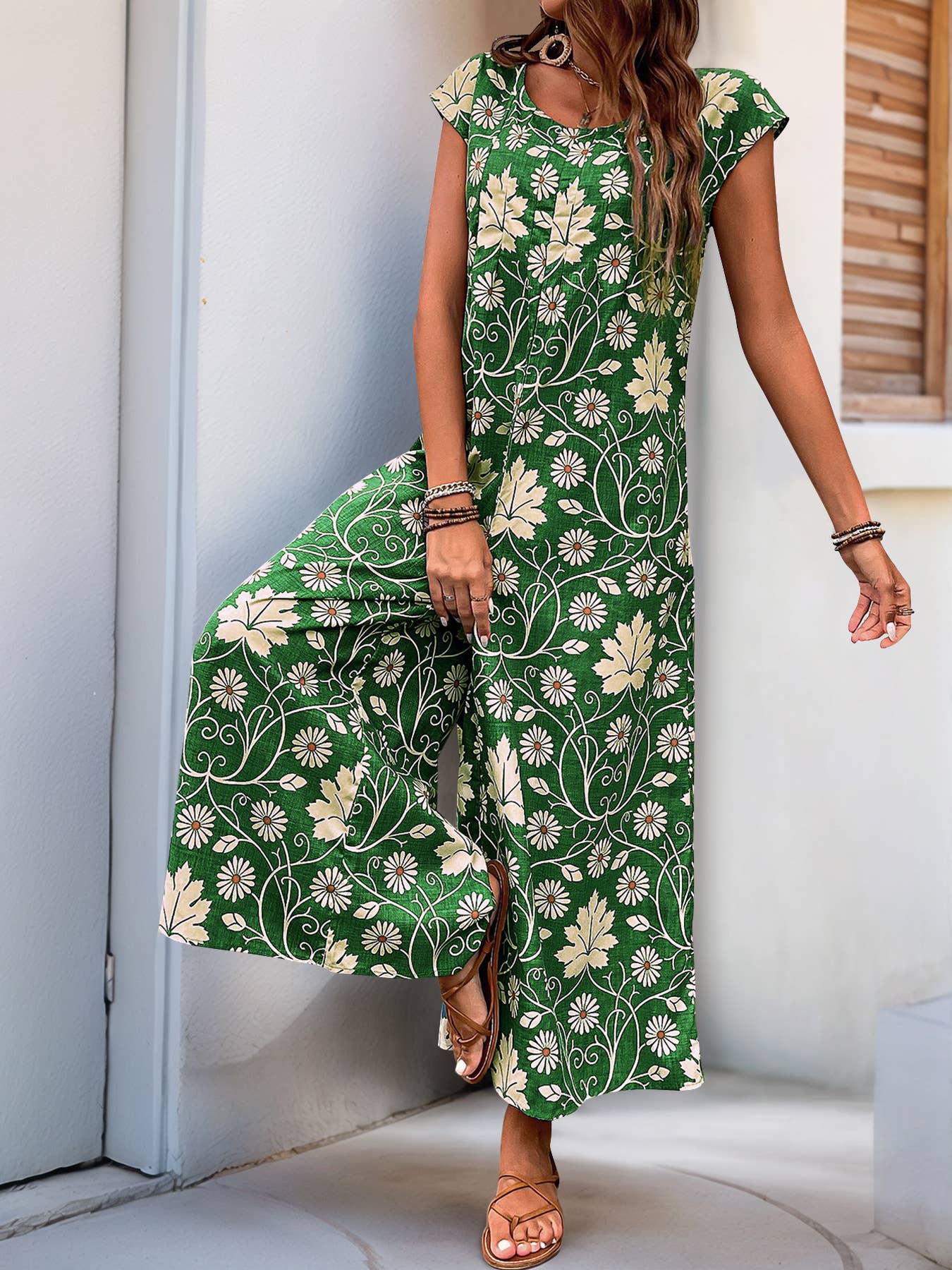 Vintage floral print casual straight-leg jumpsuit