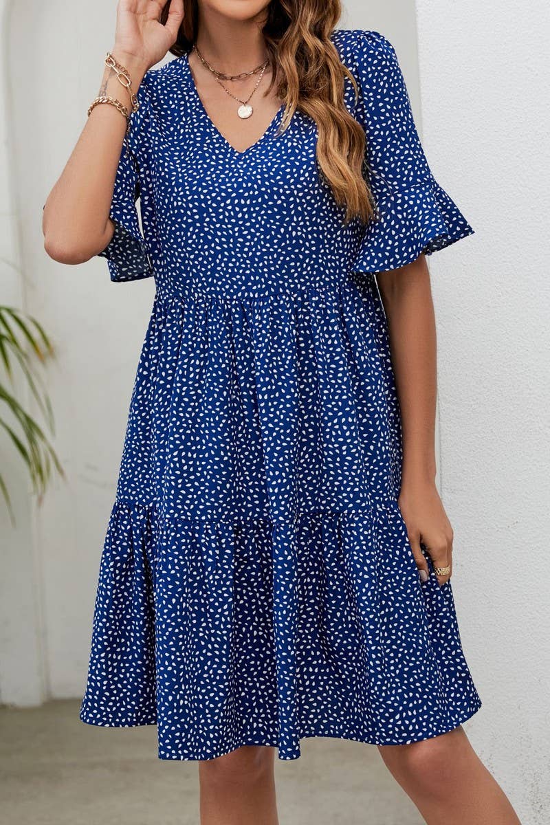 CWDSD2700_V-Neck Short-Sleeved Layered A-Line Dress