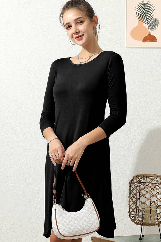 CWDMD798-P_SIZE SIZE ROUND NECK UNBALANCED HEM SOLID DRESS