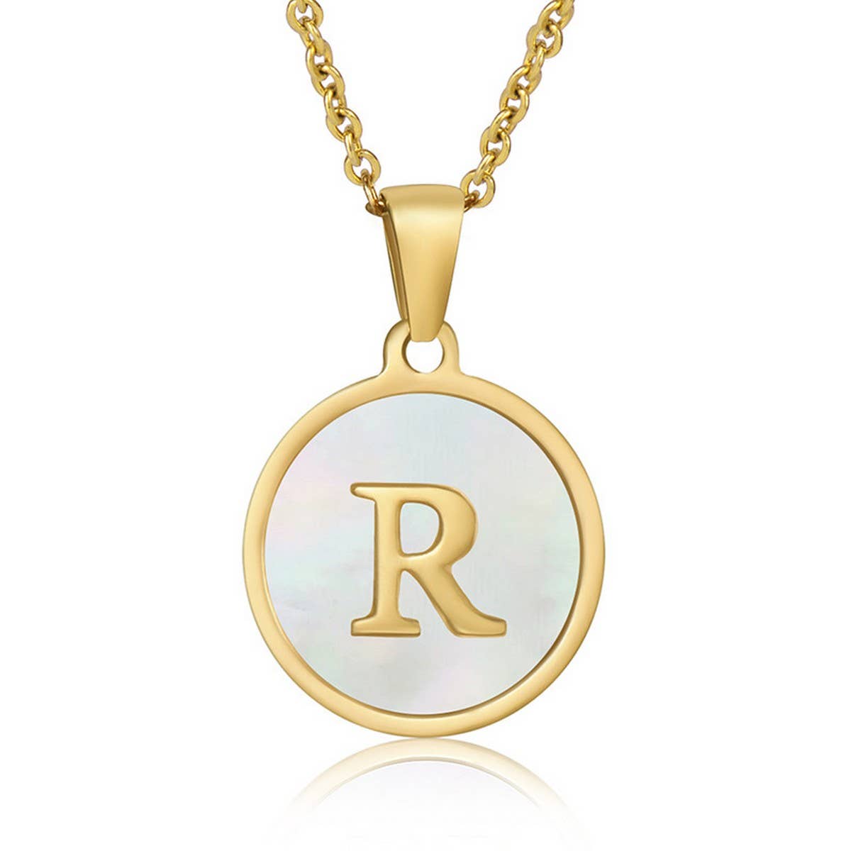 CWAJE1934_Round Stainless Steel White Shell Letter Necklace