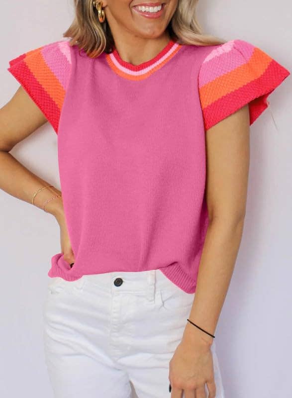 Round-neck color-blocking short-sleeved sweater