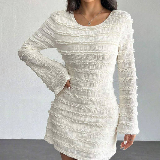 ROUND-NECK JACQUARD BACKLESS FLARED SLEEVES DRESS
