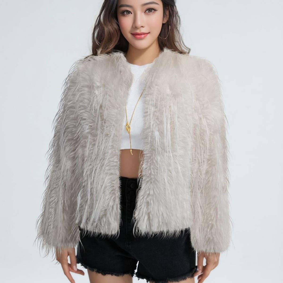 Fringed Faux Fur Short Coat Women Solid Color