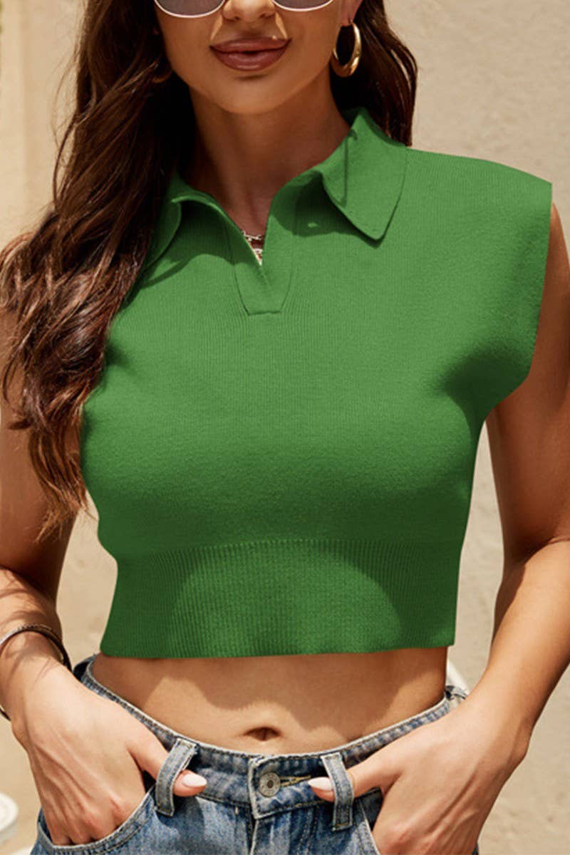SOLID POLO NECK CASUAL SHORT SLEEVELESS KNIT TOP_CWOSWSL0084