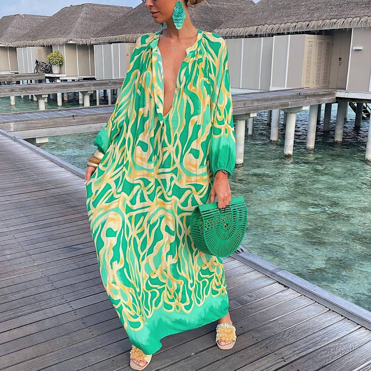 Loose dress with deep V-neck and big swing